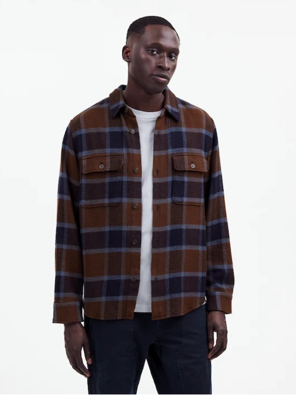 Madewell Men’s Easy Fit Shirt-Jacket Broken Plaid Twill Large Dark Coffee Brown